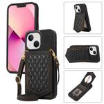 For iPhone 13 Rhombic Texture RFID Phone Case with Lanyard & Mirror(Black)