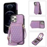 For iPhone 12 Pro Max Rhombic Texture RFID Phone Case with Lanyard & Mirror(Purple)