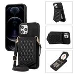 For iPhone 12 / 12 Pro Rhombic Texture RFID Phone Case with Lanyard & Mirror(Black)