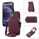 For iPhone 12 mini Rhombic Texture RFID Phone Case with Lanyard & Mirror(Wine Red)
