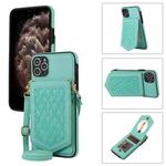 For iPhone 11 Pro Max Rhombic Texture RFID Phone Case with Lanyard & Mirror(Mint Green)