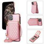 For iPhone 11 Pro Rhombic Texture RFID Phone Case with Lanyard & Mirror(Rose Gold)