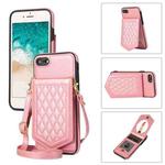 For iPhone SE 2022 / SE 2020 / 8 / 7 Rhombic Texture RFID Phone Case with Lanyard & Mirror(Rose Gold)