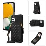 For Samsung Galaxy A13 5G / 4G Rhombic Texture RFID Phone Case with Lanyard & Mirror(Black)