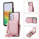 For Samsung Galaxy A53 5G Rhombic Texture RFID Phone Case with Lanyard & Mirror(Rose Gold)