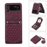 For Samsung Galaxy Z Flip4 5G Rhombic Texture RFID Phone Case with Lanyard & Mirror(Wine Red)