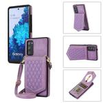 For Samsung Galaxy S20 Rhombic Texture RFID Phone Case with Lanyard & Mirror(Purple)