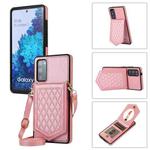 For Samsung Galaxy S20 FE Rhombic Texture RFID Phone Case with Lanyard & Mirror(Rose Gold)