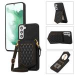 For Samsung Galaxy S22 5G Rhombic Texture RFID Phone Case with Lanyard & Mirror(Black)