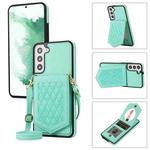 For Samsung Galaxy S21 5G Rhombic Texture RFID Phone Case with Lanyard & Mirror(Mint Green)