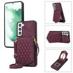 For Samsung Galaxy S21+ 5G Rhombic Texture RFID Phone Case with Lanyard & Mirror(Wine Red)