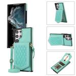 For Samsung Galaxy S22 Ultra 5G Rhombic Texture RFID Phone Case with Lanyard & Mirror(Mint Green)