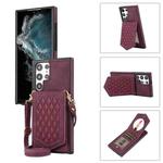 For Samsung Galaxy S22 Ultra 5G Rhombic Texture RFID Phone Case with Lanyard & Mirror(Wine Red)