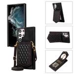 For Samsung Galaxy S22 Ultra 5G Rhombic Texture RFID Phone Case with Lanyard & Mirror(Black)