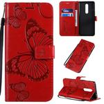 For OnePlus 8 3D Butterflies Embossing Pattern Horizontal Flip Leather Case with Holder & Card Slot & Wallet & Lanyard(Red)