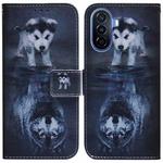 For Huawei nova Y70 Plus Coloured Drawing Flip Leather Phone Case(Wolf and Dog)