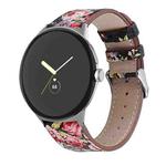 For Google Pixel Watch Round Tail Genuine Leather Watch Band(Black Pink Flower)