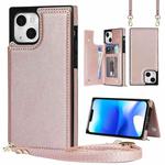 For iPhone 14 Plus Cross-body Square Dual-Buckle Card Flip Wallet Phone Case(Rose Gold)