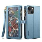 For iPhone 14 Plus ESEBLE Star Series Lanyard Zipper Wallet RFID Leather Case(Blue)