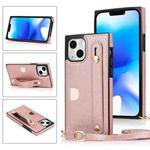 For iPhone 14 Crossbody Wrist Strap Card Holder Phone Case(Rose Gold)