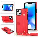For iPhone 14 Plus Crossbody Wrist Strap Card Holder Phone Case(Red)