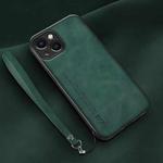 For iPhone 14 Lamba Skin Feel Leather Back Phone Case with Strap(Deep Green)