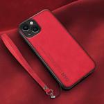 For iPhone 14 Plus Lamba Skin Feel Leather Back Phone Case with Strap(Red)