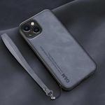 For iPhone 14 Plus Lamba Skin Feel Leather Back Phone Case with Strap(Blue)