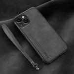 For iPhone 14 Plus Lamba Skin Feel Leather Back Phone Case with Strap(Dark Grey)