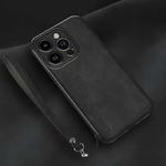 For iPhone 14 Pro Lamba Skin Feel Leather Back Phone Case with Strap(Black)