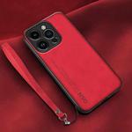 For iPhone 14 Pro Lamba Skin Feel Leather Back Phone Case with Strap(Red)