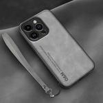 For iPhone 14 Pro Max Lamba Skin Feel Leather Back Phone Case with Strap(Space Grey)