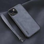 For iPhone 13 mini Lamba Skin Feel Leather Back Phone Case with Strap(Blue)