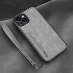 For iPhone 13 Lamba Skin Feel Leather Back Phone Case with Strap(Space Grey)