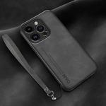 For iPhone 13 Pro Max Lamba Skin Feel Leather Back Phone Case with Strap(Dark Grey)