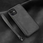 For iPhone 11 Lamba Skin Feel Leather Back Phone Case with Strap(Dark Grey)