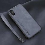 For iPhone XR Lamba Skin Feel Leather Back Phone Case with Strap(Blue)