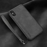 For iPhone XR Lamba Skin Feel Leather Back Phone Case with Strap(Dark Grey)