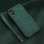 For iPhone XS Max Lamba Skin Feel Leather Back Phone Case with Strap(Deep Green)