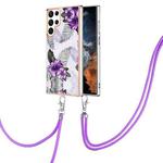 For Samsung Galaxy S23 Ultra 5G Electroplating IMD TPU Phone Case with Lanyard(Purple Flower)