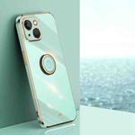 For iPhone 14 XINLI Straight Edge 6D Electroplate TPU Phone Case with Ring Holder(Mint Green)