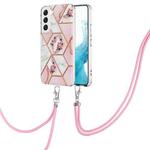 For Samsung Galaxy S23 5G Splicing Marble Flower IMD TPU Phone Case with Lanyard(Pink Flower)