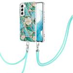 For Samsung Galaxy S23 5G Splicing Marble Flower IMD TPU Phone Case with Lanyard(Blue Flower)