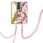 For Samsung Galaxy S23 5G Flowers and Plants Series IMD TPU Phone Case with Lanyard(Pink Gardenia)