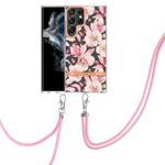 For Samsung Galaxy S23 Ultra 5G Flowers and Plants Series IMD TPU Phone Case with Lanyard(Pink Gardenia)