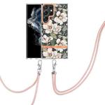 For Samsung Galaxy S23 Ultra 5G Flowers and Plants Series IMD TPU Phone Case with Lanyard(Green Gardenia)