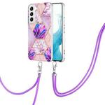 For Samsung Galaxy S23 5G Electroplating IMD Splicing Dual-side Marble TPU Phone Case with Lanyard(Light Purple)