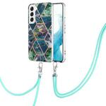 For Samsung Galaxy S23 5G Electroplating IMD Splicing Dual-side Marble TPU Phone Case with Lanyard(Blue Green)