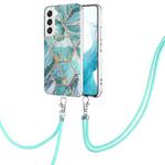 For Samsung Galaxy S23 5G Electroplating IMD Splicing Dual-side Marble TPU Phone Case with Lanyard(Blue)