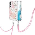 For Samsung Galaxy S23+ 5G Electroplating IMD Splicing Dual-side Marble TPU Phone Case with Lanyard(Pink White)
